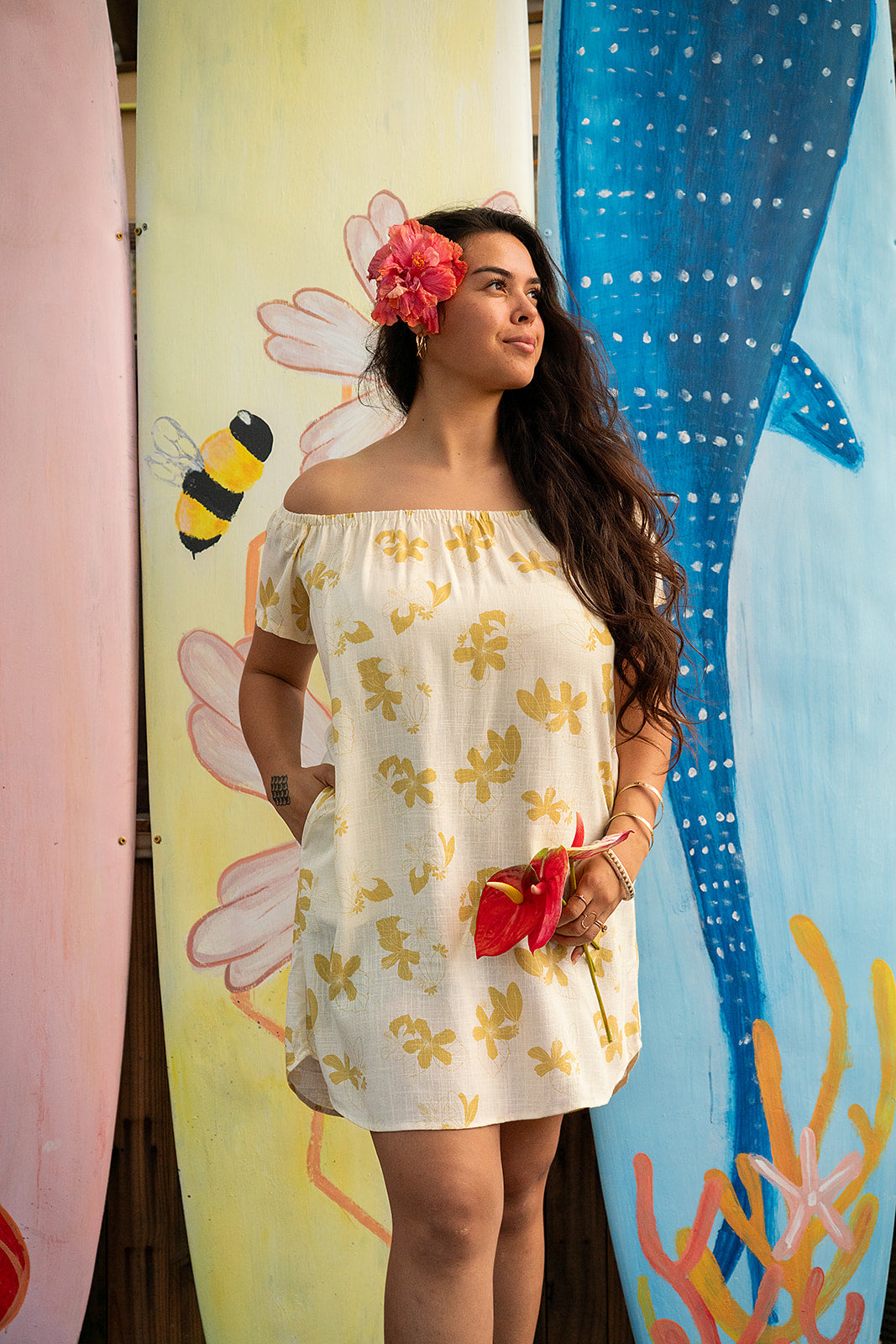 Kalena OTS Dress - Ivory/Bright Olive
