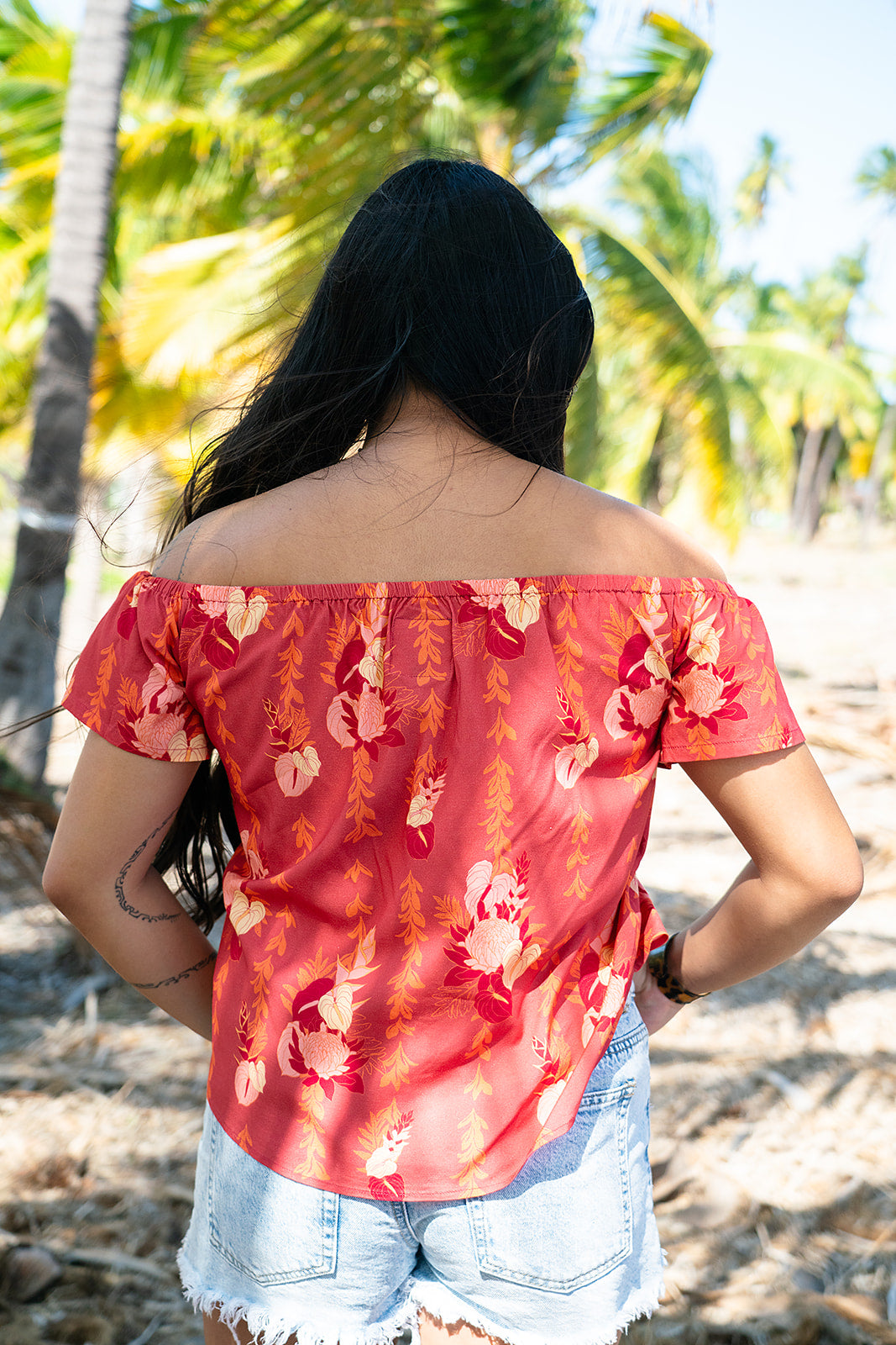 Leimana Off The Shoulder Top- Crimson Luau