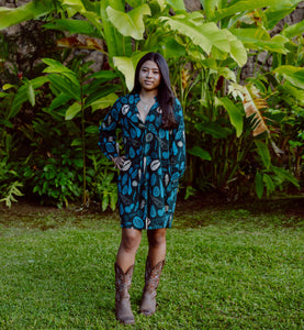 Mahina Long Sleeve Dress- Teal Shells