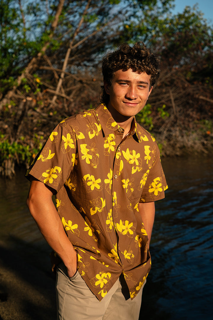 Kawika Men's Aloha Shirt - Chocolate/Mustard