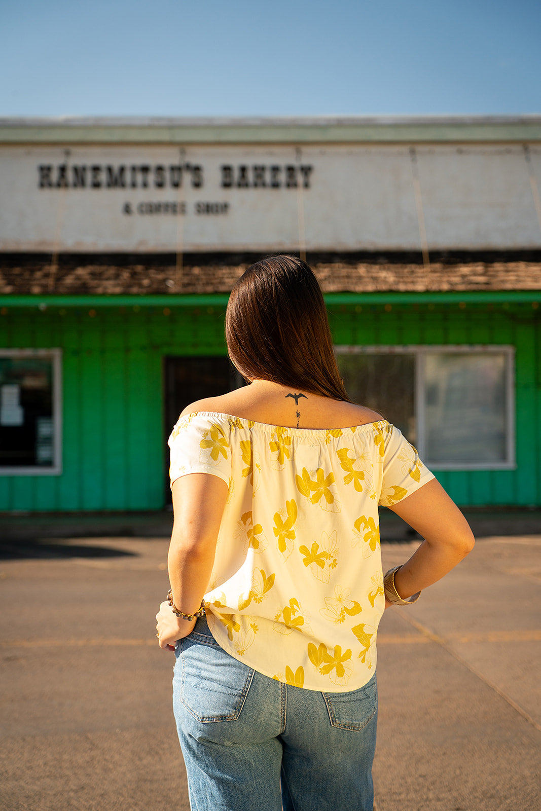 Leimana Off The Shoulder Top - Ivory/Bright Olive