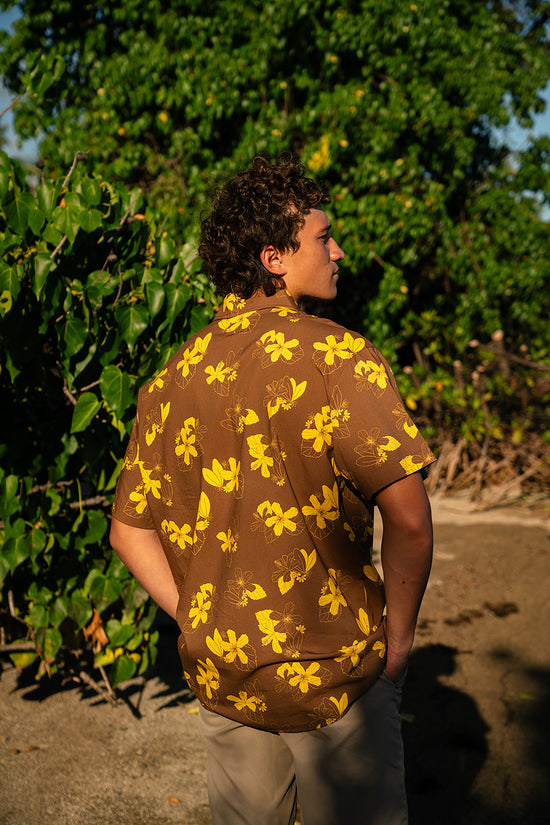 Kawika Men's Aloha Shirt - Chocolate/Mustard