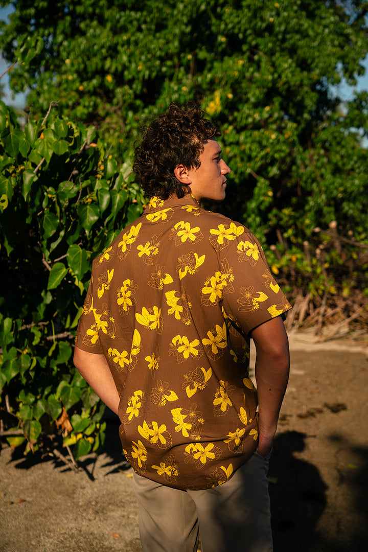 Kawika Men's Aloha Shirt - Chocolate/Mustard