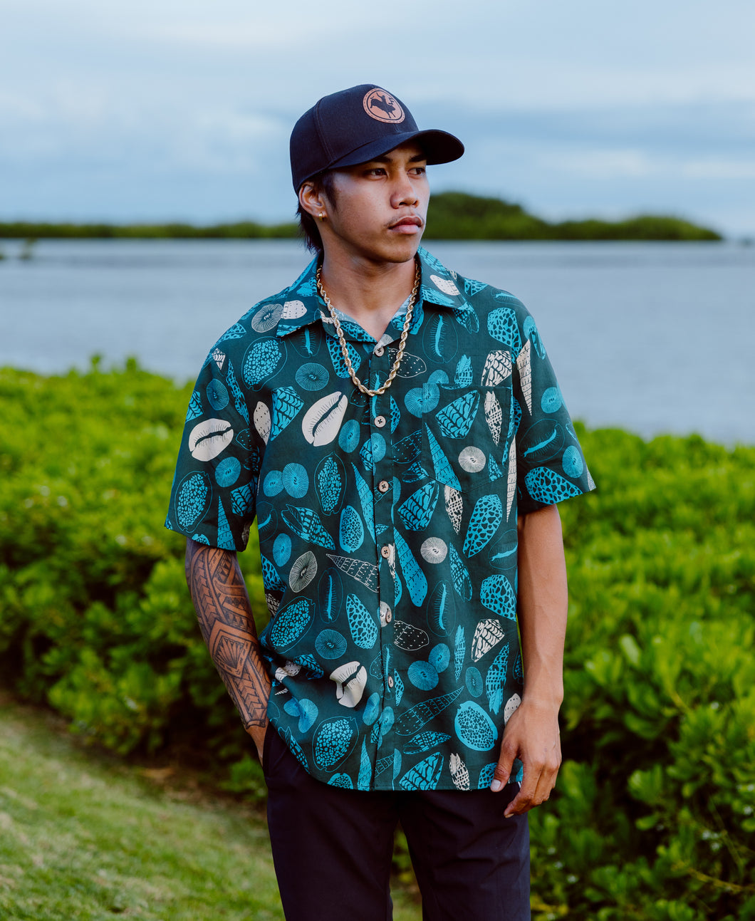 Kawika Mens Aloha Shirt- Teal Shells