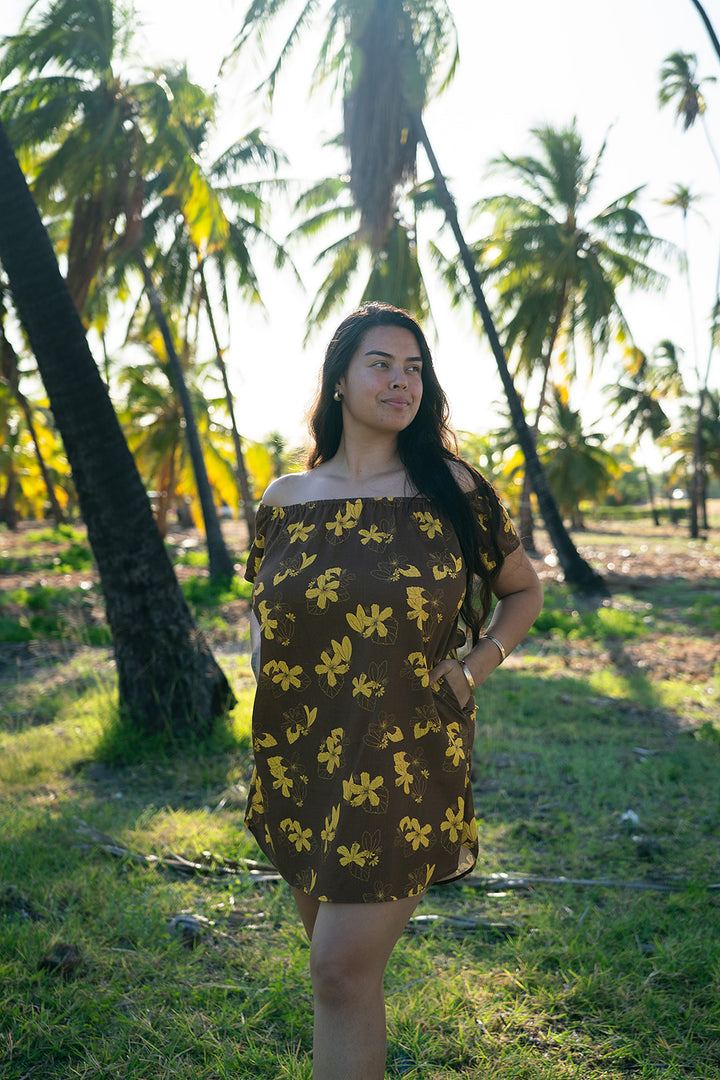 Kalena OTS Dress - Chocolate/Mustard