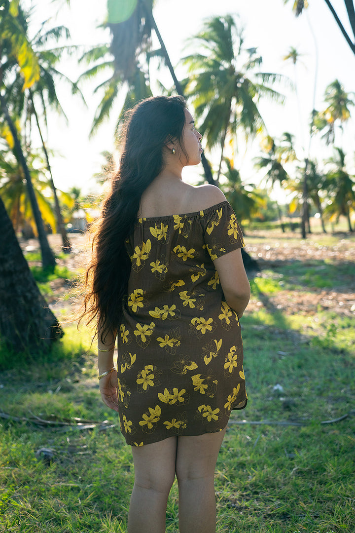 Kalena OTS Dress - Chocolate/Mustard