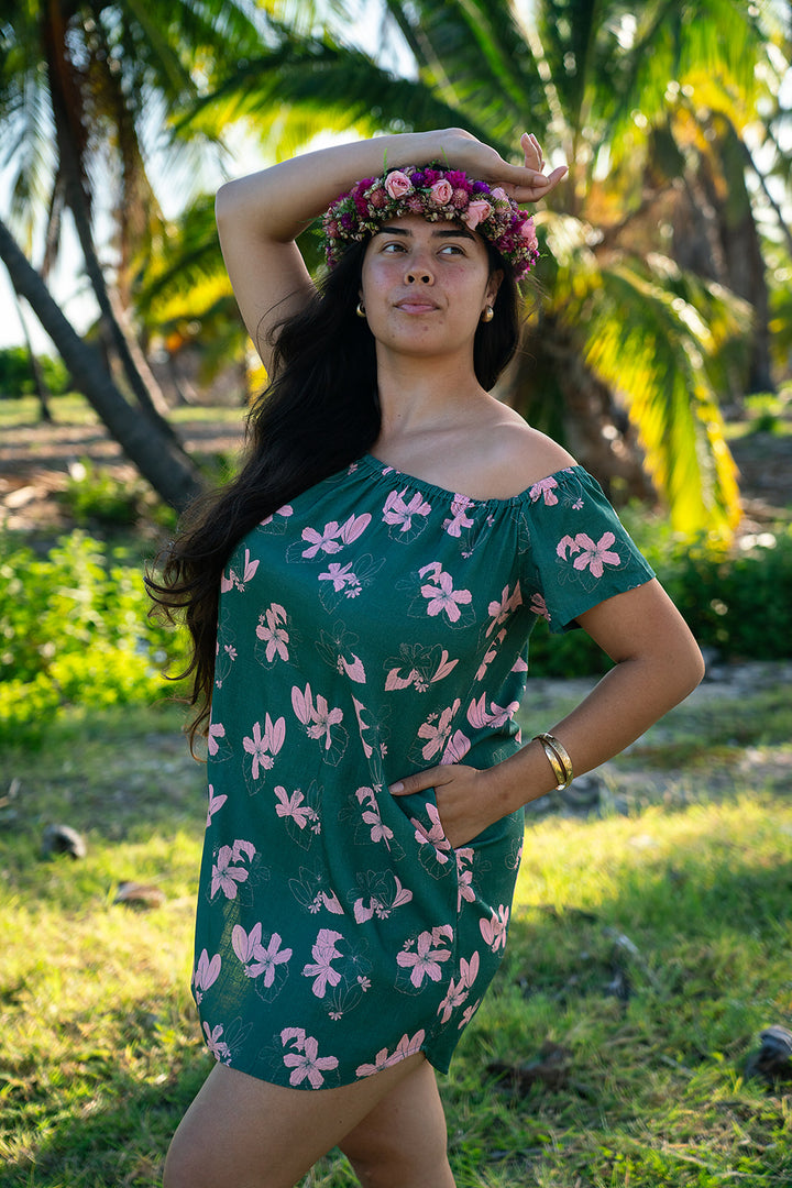 Kalena OTS Dress - Teal/Bubble Gum