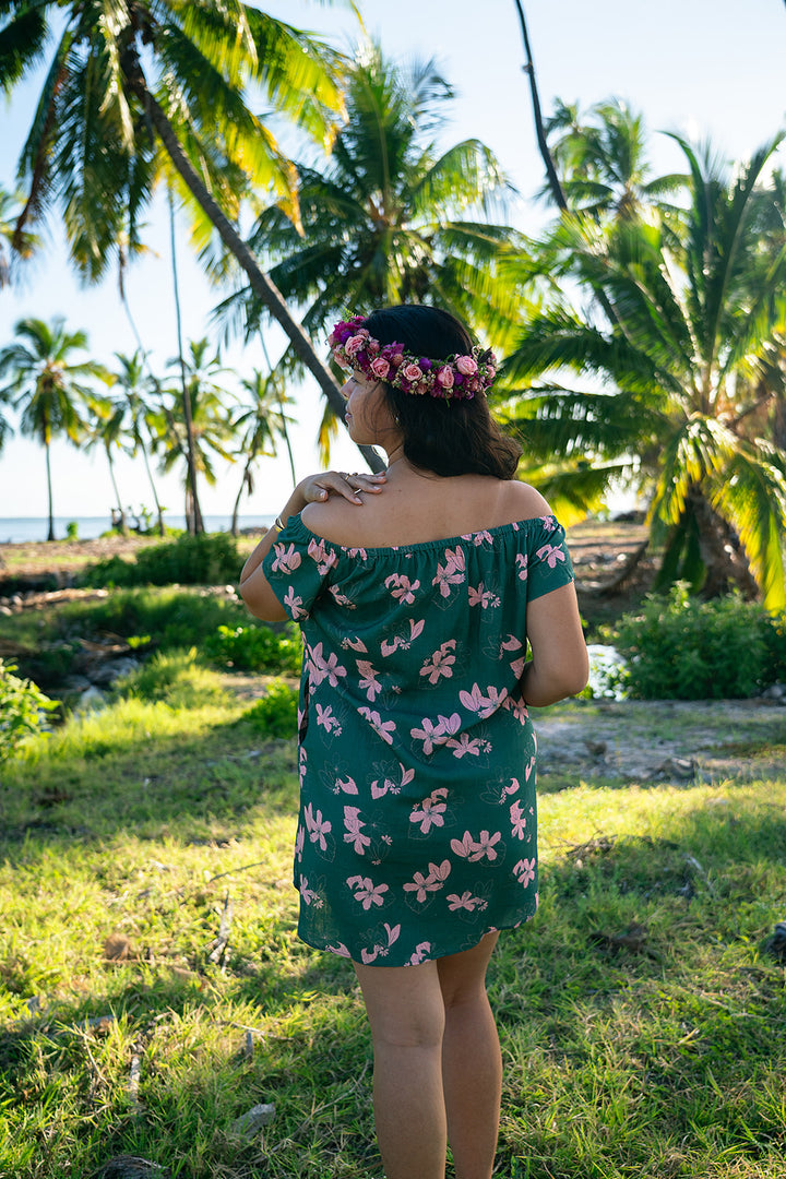 Kalena OTS Dress - Teal/Bubble Gum