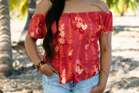 Leimana Off The Shoulder Top- Crimson Luau