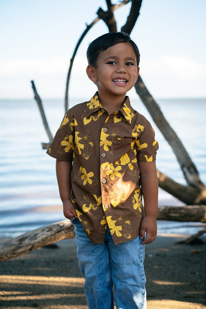 Hila Boy's Aloha Shirt - Chocolate/Mustard